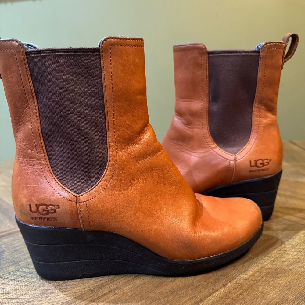 UGG Women’s Chestnut Dupre Leather Wedge Boots Size 7 - Picture 4 of 12